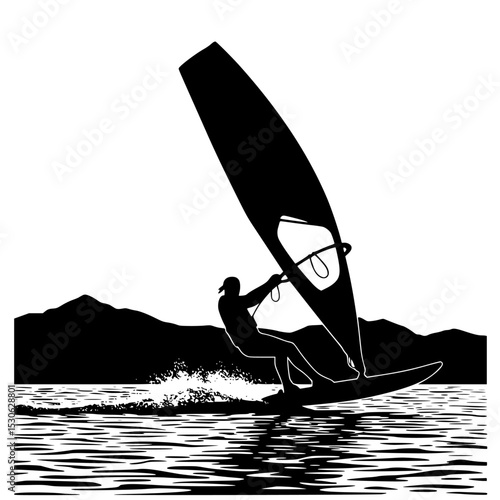 Windsurfer silhouette on lake with mountains background isolated on transparent background