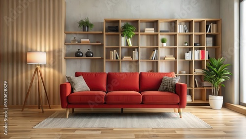 Cozy modern living room with a bold red sofa and wooden bookshelf in a neutral background