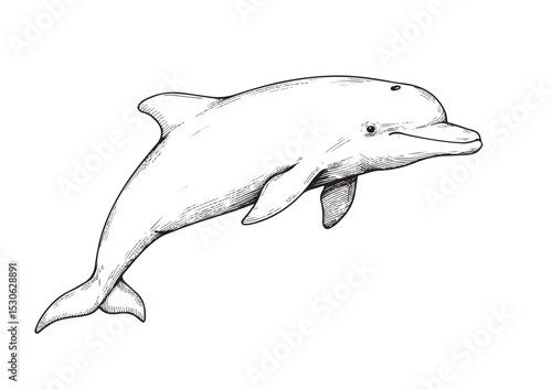 Chinese White Dolphin, engraving intricate line art vector illustration, isolated on transparent background
