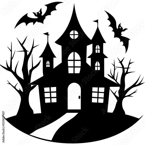 Halloween haunted house silhouette with bats