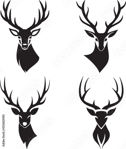 Stylized Deer Head Silhouette Set with Distinct Antler Designs in Minimal Black Vector