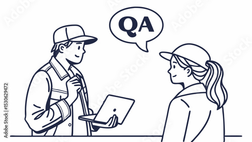 Illustration of two people discussing qa with one holding a laptop and a speech bubble present