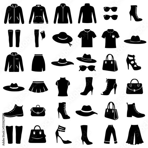 Fashion icon set silhouette isolated on transparent background. Collection of womens fashion silhouette icons isolated on transparent background