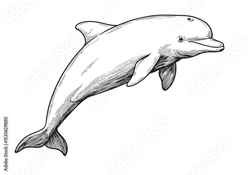 Chinese White Dolphin, engraving intricate line art vector illustration, isolated on transparent background