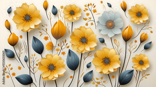 Vibrant illustration of yellow and blue flowers with leaves on a light background.