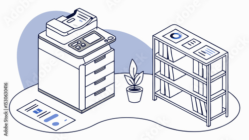 Isometric office scene with printer bookshelf plant and documents in a modern and simple design style