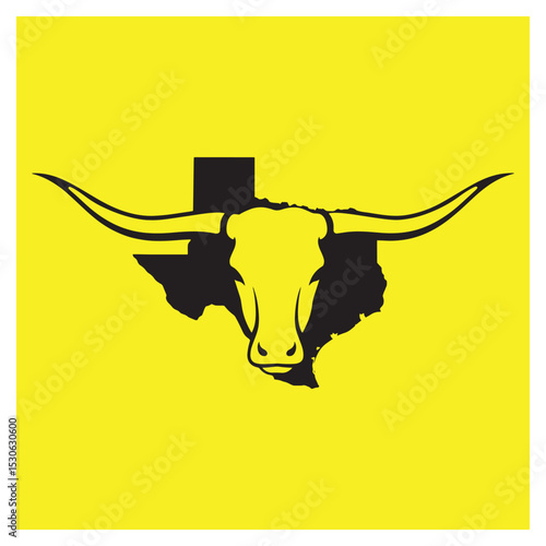 Texas longhorn bull head silhouette and outline of the state on yellow background