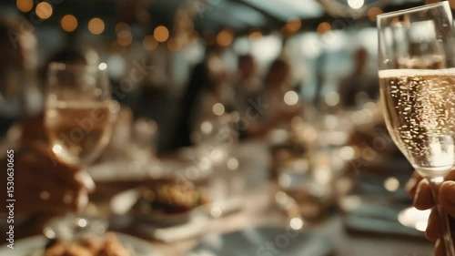 Three champagne glasses clink together in a celebratory toast at a festive gathering with blurred lights in the background.