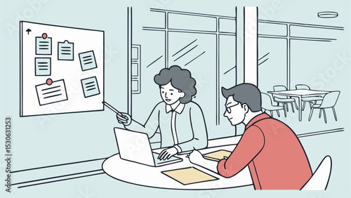 Woman presenting ideas on a whiteboard to a man sitting at a table with a laptop and papers nearby