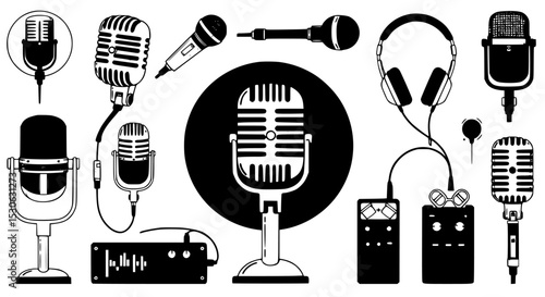 Studio recording equipment silhouette collection isolated on transparent background. Podcast equipment icons silhouette isolated on transparent background.
