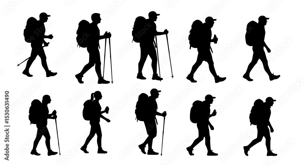 Obraz premium Hikers with backpacks and trekking poles silhouette isolated on transparent background