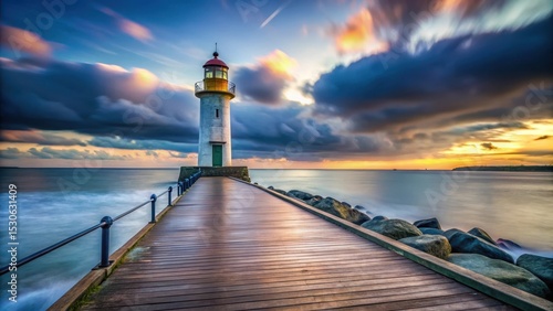 Fototapeta Naklejka Na Ścianę i Meble -  Pier leading to a majestic lighthouse overlooking the Baltic Sea in Swinoujscie