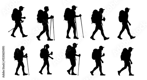 Hikers with backpacks and trekking poles silhouette isolated on transparent background