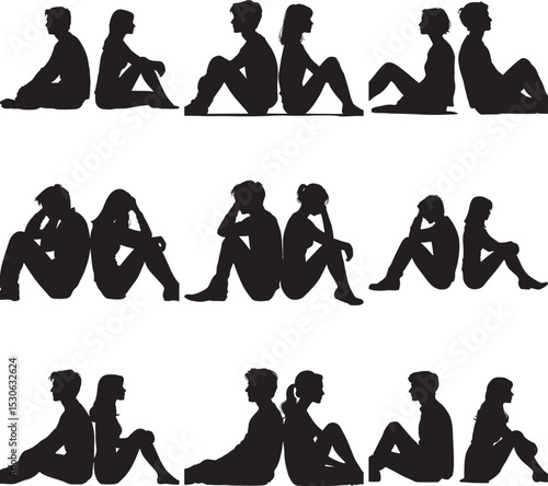 Sitting Couple Silhouette Set Featuring Twelve Seated Pair Poses in Side-by-Side and Back-to-Back Positions in Black Vector Design