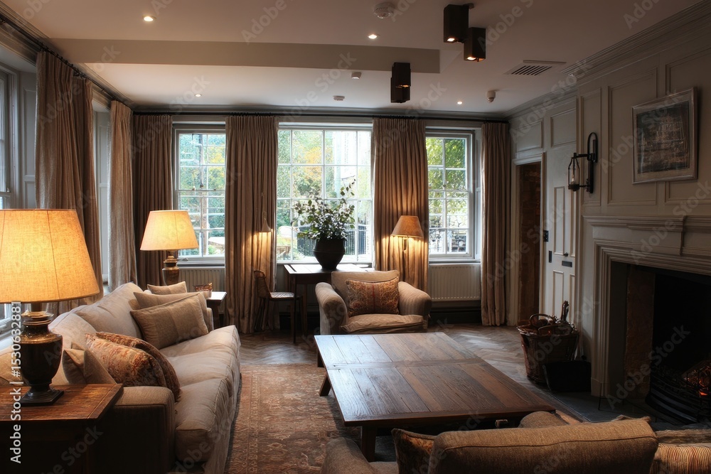 Naklejka premium Cozy living room with large windows