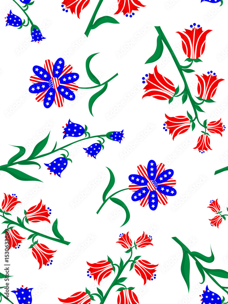 seamless pattern with abstract flowers and bells in usa flag colors for fourth of july celebration on white background seamless pattern with abstract flowers and bells in usa flag colors for fourth of july celebration on white background