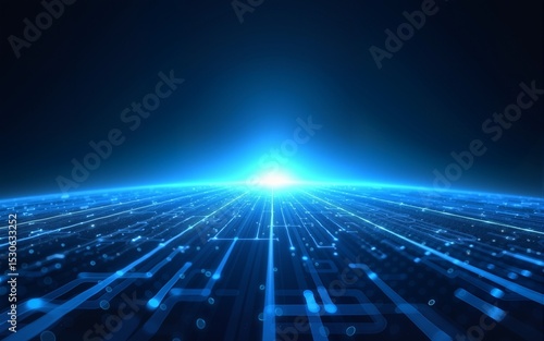 Futuristic digital horizon with glowing blue grid and light burst in space. High quality