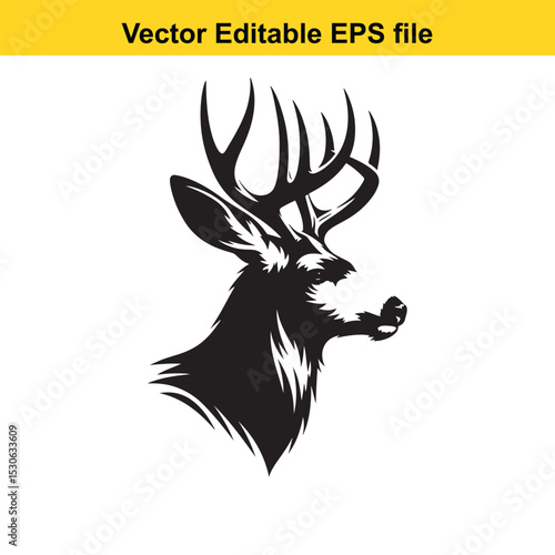 Majestic Mule Deer Buck Head Profile in Black and White Vector Illustration
