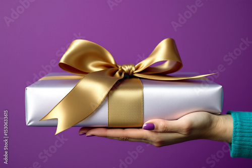 Hand offering elegant gift box with golden ribbon