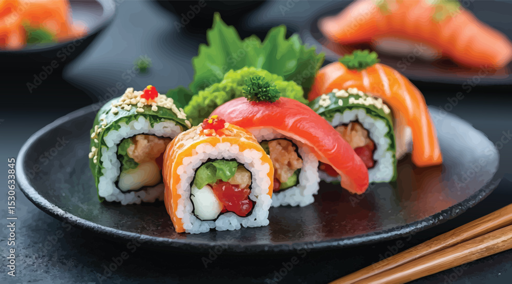 Delicious fresh salmon sushi rolls on a plate, a gourmet Japanese seafood appetizer Delicious fresh salmon sushi rolls on a plate, a gourmet Japanese seafood appetizer