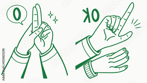 Illustration depicting hands gesturing the number zero and ok with green outline on a white background