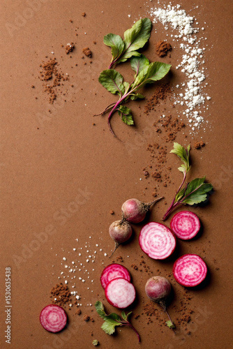 Arrangement of root vegetables and leaves on brown background