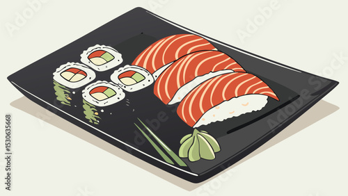 Fresh Japanese sushi with salmon and tuna rolls served on a plate with chopsticks