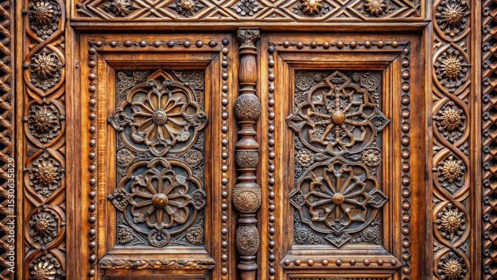 Intricate metalwork adorning a ornate wooden door frame with floral patterns and geometric shapes Intricate metalwork adorning a ornate wooden door frame with floral patterns and geometric shapes