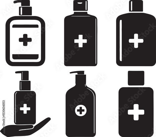 Medical Bottles with Cross Symbols Indicating Hygiene and Health Products