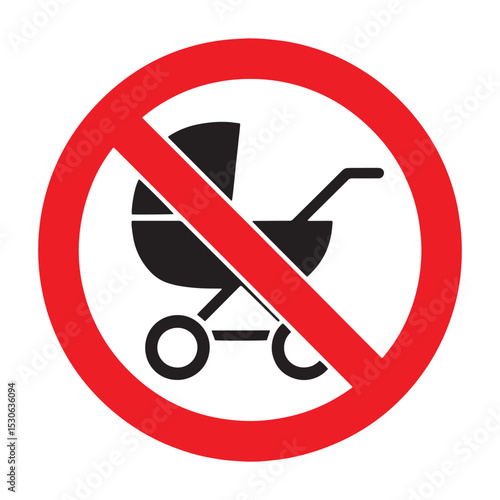 No Baby Stroller Allowed Sign Vector – Red Circle Slash on Pram Symbol – Prohibited Buggy Access Warning Board