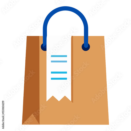 A brown paper shopping bag with a blue handle has a white receipt sticking out with blue horizontal lines on it