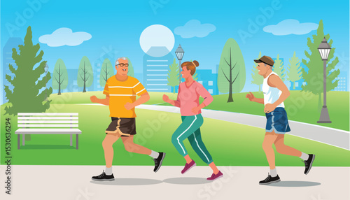 Group elderly people exercising and jogging together in the park in the morning .Vector illustration in flat style