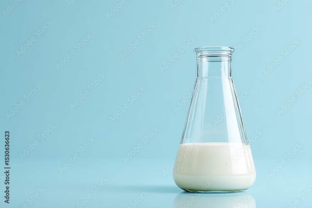 Clear glass beaker filled with milk on light blue background Clear glass beaker filled with milk on light blue background