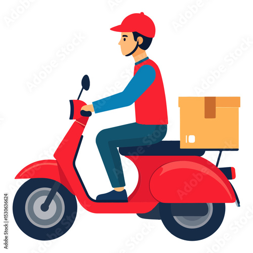 A courier wearing a red cap shirt and driving a red scooter with a package on the back