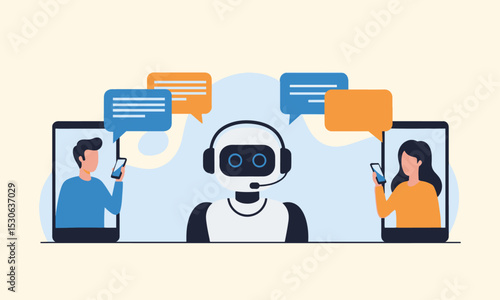AI Chatbot Customer Support and Interaction. Chatbot with headset interacts with two people on smartphones: AI customer support and digital communication.