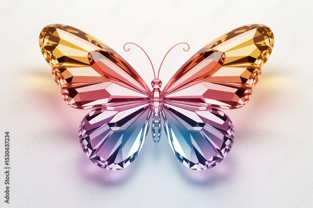 Fototapeta premium Stunning crystal butterfly with colorful gradient wings against a soft white background