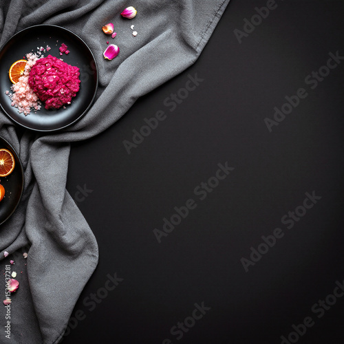 Elegant dark food composition with dessert and petals