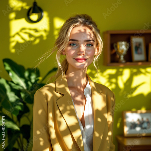 Smiling blonde woman in golden light indoor