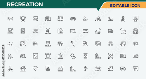 Recreation icon set. Contain linear sign tour, relaxation, sport, vacation, travel and more. Entertainment icon pack. Thin linear style icons. Editable stroke. Pixel Perfect.