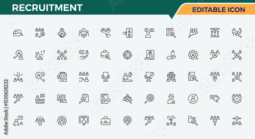 Recruitment linear icon set. Featuring job, employee, career, resource, human resource, hiring and more. Headhunting linear icon collection. Minimal icons pack. Vector collections.
