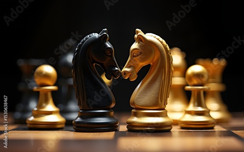 A striking image of gold and black chess pieces colliding with dynamic energy, symbolizing the timeless clash of strategy, intellect, and opposing forces in life. High quality