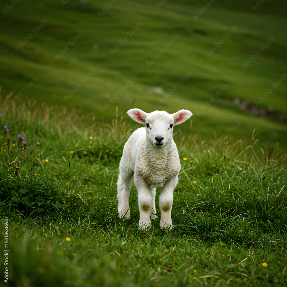 Spring Lamb in Lush Green Pasture: A Peaceful Farm Scene Spring Lamb in Lush Green Pasture: A Peaceful Farm Scene