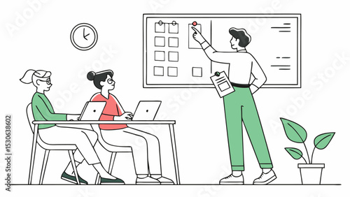 Illustration of a team meeting with a presenter and two attendees using laptops at a table board room