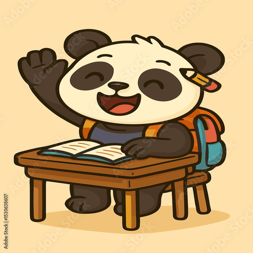 A cheerful panda eagerly raises its hand at a school desk, wearing a colorful backpack with a pencil tucked behind one ear, in a funny and funky cartoon-style illustration on a plain background.