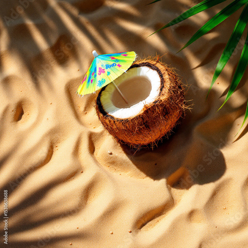 Coconut drink on beach sand with umbrella
