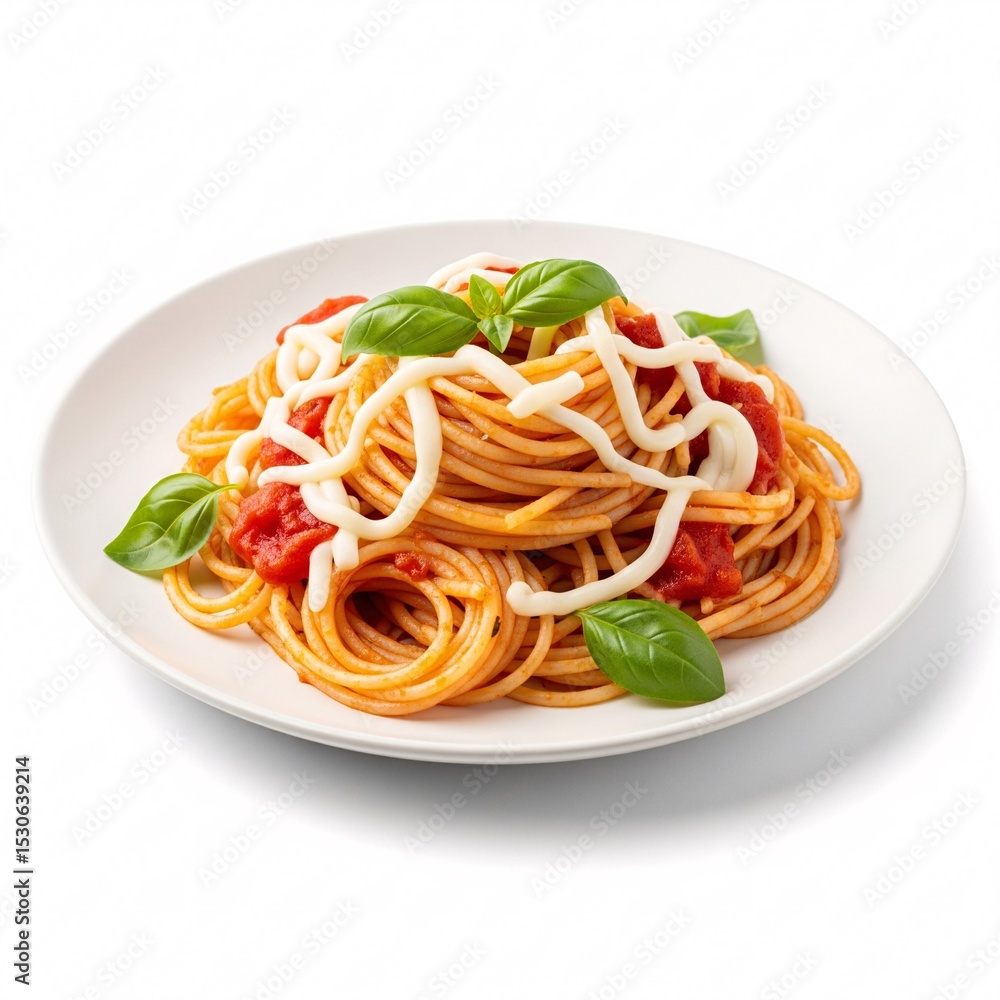 Spaghetti with tomato sauce, cheese, and basil, creating an appetizing image Spaghetti with tomato sauce, cheese, and basil, creating an appetizing image