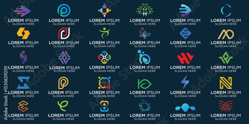 a collection of trending logos, technology, leaves and agriculture, community or health, branding logos, modern logos, icons, templates, symbols