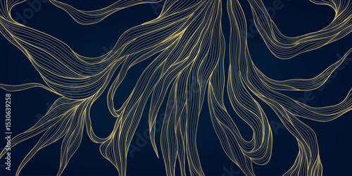Vector golden leaves, grass, alga seaweed line pattern. Nature botanical floral branch ornament, wave premium underwater graphic.
