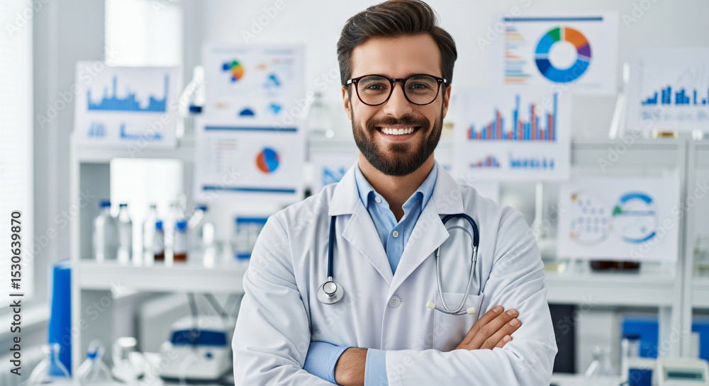 Portrait of scientist, arms crossed, smiling in laboratory with pride in medical research and teaching. Mature man, scientist, happy and confident in pharmaceutical vaccine development Portrait of scientist, arms crossed, smiling in laboratory with pride in medical research and teaching. Mature man, scientist, happy and confident in pharmaceutical vaccine development