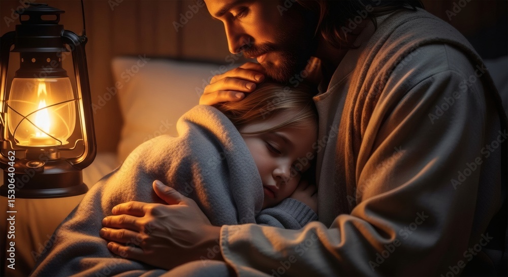 Serene embrace of spiritual figure with child under soft lantern glow Serene embrace of spiritual figure with child under soft lantern glow